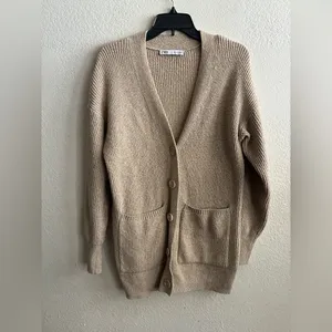 Zara Women's Elegant Beige Knit Cardigan Sweater S thumbnail 4