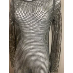 House of Harlow 1960 Silver Rhinestone Fishnet Mesh Maxi Dress XS Long‎ Sleeve thumbnail 2