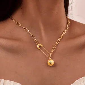 Gold-Tone Safety Pin Ball Pendant Necklace thumbnail 1