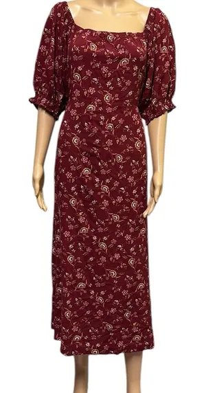Mod Lusive Rayon Burgundy Floral Print Smocked Back Puff Sleeve Maxi Dress XL thumbnail 1