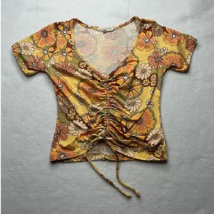 Pie In The Sky Floral Ruched Front Crop Top Womens Small Yellow Retro 70s V-Neck thumbnail 1