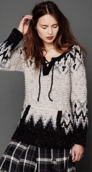 Free People Womens Love‎ Bug Nordic Fair Isle Lace Up Sweater Size L Lodgecore thumbnail 1
