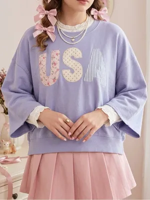 Oversized Bell Sleeve USA Sweatshirt in Blue thumbnail 1