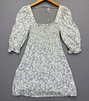 Reformation Light Blue Floral Smocked Square Neck Mini Dress XS thumbnail 1