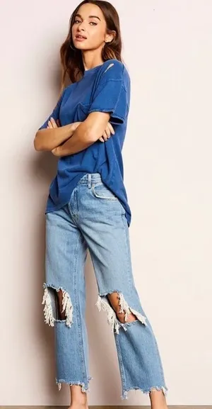 Free People Distressed Mid Rise Maggie Straight Leg Jeans in Blue Size 26‎ thumbnail 1