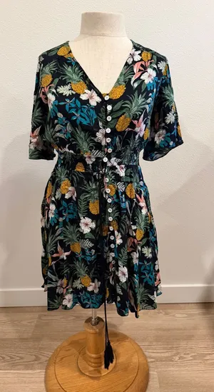 Tropical Pineapple Floral Mini Dress Black V-Neck Smocked Waist Tassel Accent M thumbnail 1