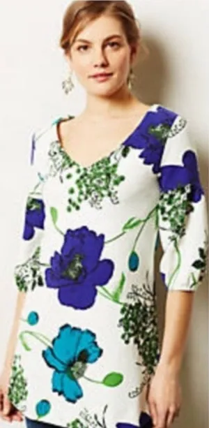 Anthropologie Deletta Haru Size Medium Floral Tunic Top Blue Green Puff Sleeve thumbnail 1