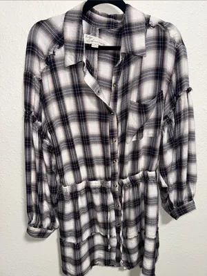 Vintage Havana Plaid‎ Button Down Shirt Dress Navy White Distressed Medium thumbnail 5