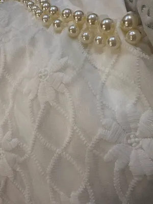 Elegant White Lined Lace & Pearl Long Sleeve Blouse - Coquette Style (Asian M) thumbnail 6