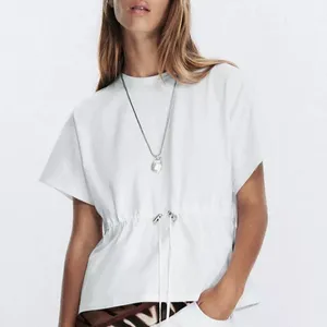 Zara NWT white heavy cotton tee shirt with drawstring waist peplum cinched waist thumbnail 3