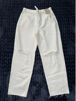 Madewell Women's Ripped Knee Baggy Straight Leg‎ Jeans Raw Hem White Size 29 thumbnail 1