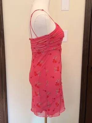 Urban Outfitters pink cherry pattern lace deep neckline slip dress thumbnail 4