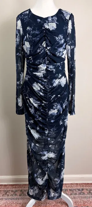 Abercrombie &‎ Fitch Navy Blue Floral Ruched Mesh Maxi Dress Large Stretch NWT thumbnail 1