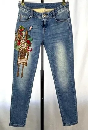 Donoratico Embroidered Jeans Womens M Blue Skinny Stretch Floral Graphic Artsy thumbnail 1