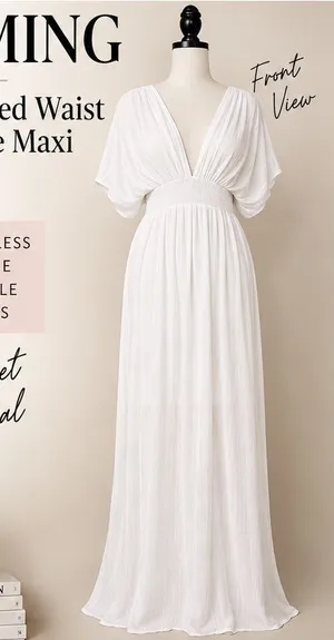 Timing Smocked Waist Plunge Maxi Dress in White, Size L thumbnail 1