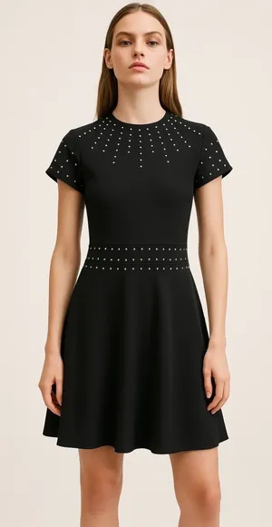 H&M Black Cap Sleeve Crew Studded Rhinestone A Line Fit & Flare Mini Dress Sz M thumbnail 1