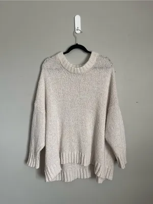 AERIE | Cream Cozy Oversized Crew Knit Sweater Sz L thumbnail 2