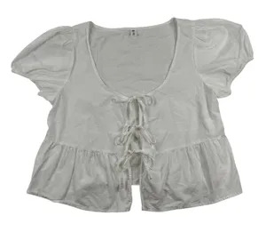 BP Womens White Cotton Tie Front Puff Sleeve‎ Peplum Top Size M BP507032MI thumbnail 1