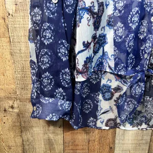 Chico's Blue Paisley Sheer Button Up Roll Tab Sleeve Front Tie Top Size 1 Boho thumbnail 3