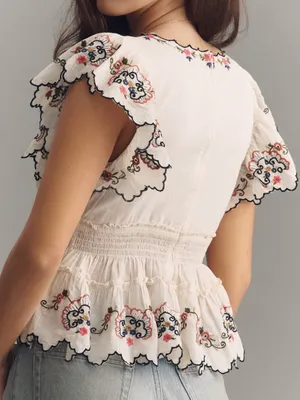 By Anthropologie Embroidered Flutter-Sleeve Top thumbnail 2