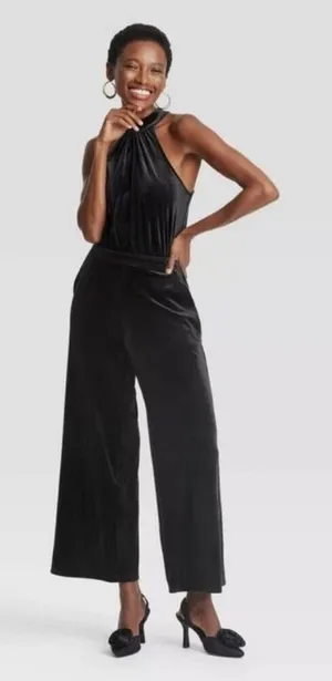 A New Day‎ Women's Halter Black Velvet Sleeveless Jumpsuit - M thumbnail 1