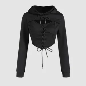 CIDER Black Goth Lace Up Corset Style Sweater Long Sleeve Cropped Top XS NWT thumbnail 6