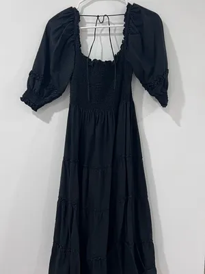 Hill House Black Smocked Puff Sleeve Midi Nap Dress S thumbnail 5