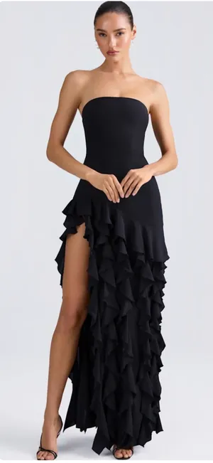 Oh Polly Diletta Ruffle-Trim Strapless Gown Maxi Dress in Black Size 2 New thumbnail 1