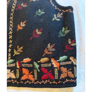 Vintage Chrysantheme Vest Womens Size M Wool Cotton Black Autumn Folk Art Zip Up thumbnail 7