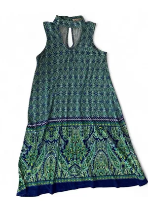 Sleeveless Green & Navy Paisley Casual Dress thumbnail 1