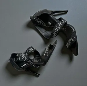 CALVIN KLEIN Salas Black White Logo Sandals Heels Size 8 thumbnail 1
