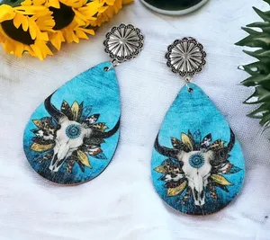 Handmade Wooden double sided western‎ style retro bullhead waterdrop dangle earrings thumbnail 1