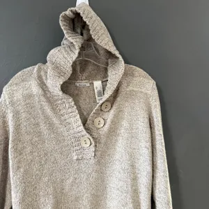 Liz & Co Womens Oatmeal Marled Knit Hoodie Henley Sweater Large Beige‎ Pullover thumbnail 4