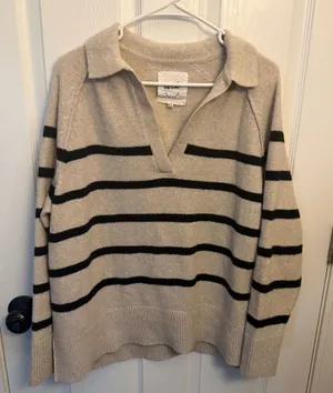 Aerie Beige & Black Striped Collared Sweater thumbnail 1
