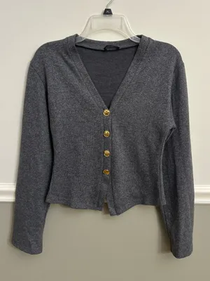 Zara Charcoal Gray V-Neck Gold Tone Button Knit Cropped Cardigan Sweater Small thumbnail 1