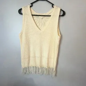 Promesa Women’s Large Ivory Knit Sweater Vest Fringe Hem Boho V-Neck Tank Top #1 thumbnail 2