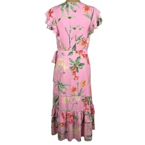 Gibson Latimer Pink Tropical Floral Midi‎ Dress Ruffle Flutter Sleeve Size 6 thumbnail 4