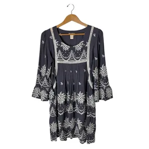 Sundance Embroidered Mini Dress Women Medium Gray Boho Eyelet Bell Sleeve thumbnail 2