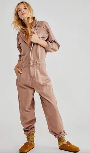 Free People We The Free Sammie Utility Denim Jumpsuit Coverall NWOT Brown Small thumbnail 1