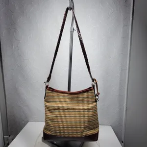 Brighton Tweed Purse Braided Leather Trim Heart Charm Brown Tan Check thumbnail 4
