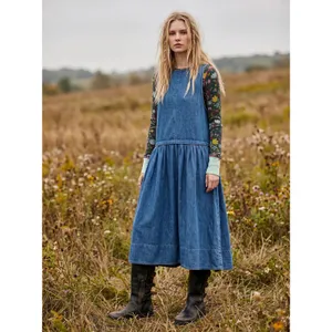 Free People XL Retro 90s Soraya Light Denim Sky Drop Waist Midi Jumper Dress thumbnail 16