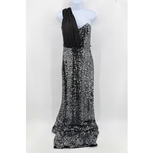 Badgley Mischka Gown Womens 4 Silver Black Excellent Sequin One Shoulder Formal thumbnail 4