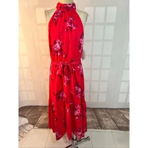 Scoop NWT Red Floral Halter Neck Tie Waist Sleeveless Maxi Dress Size XL thumbnail 2