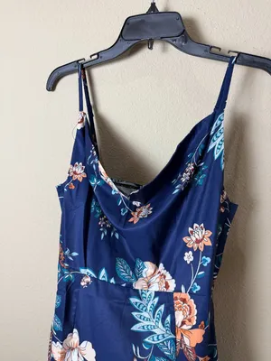Drape Neck Floral Tank Dress with Side Slit Size Small Navy thumbnail 2