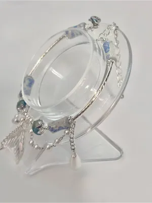 Handmade Hand Crafted Silver Bracelet with Blue and White Beads and Mermaid Tail Charm thumbnail 4