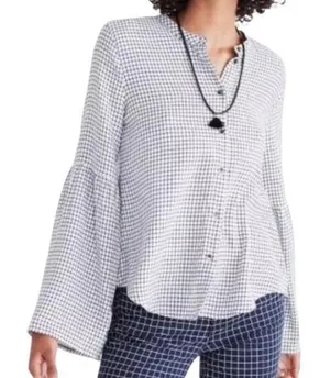 Madewell Bell‎ Sleeve Button-Down Top in Windowpane Size Medium Black White thumbnail 1