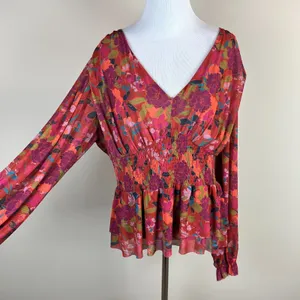 DR2 Babydoll Blouse Womens XL Smocked‎ Waist Peplum Stretch Floral Peasant Boho thumbnail 12