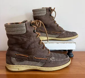 Sperry Top-Sider Brown Leather Canvas Plaid Lined Mid Calf Boots Size 7M thumbnail 1