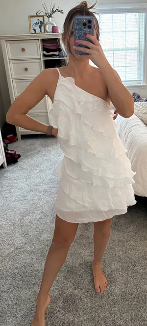 White one shoulder mini dress with ruffles thumbnail 2