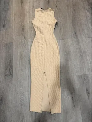 Pretty Little Thing Cream Textured Cut Out Maxi Dress Open Front Minimal Chic Resort Bodycon thumbnail 9